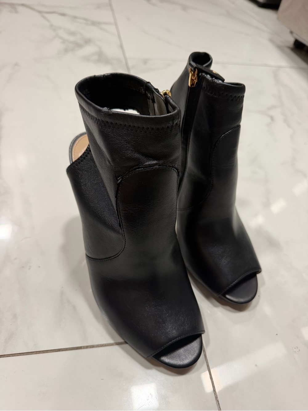 Michael Kors Black Leather Peep-Toe Mule Boots with Gold Zip